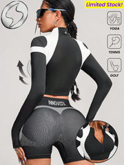 Color Block Zip-Up Cropped- Long Sleeve Sports Sweatshirt
