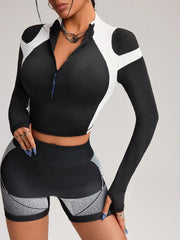 Color Block Zip-Up Cropped- Long Sleeve Sports Sweatshirt