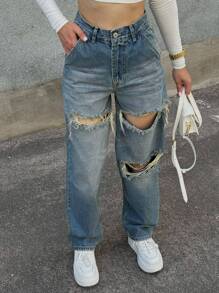 Street Ripped Design Straight Jeans