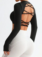 Open Back Criss-Cross Back Sports Long Sleeve T-Shirt