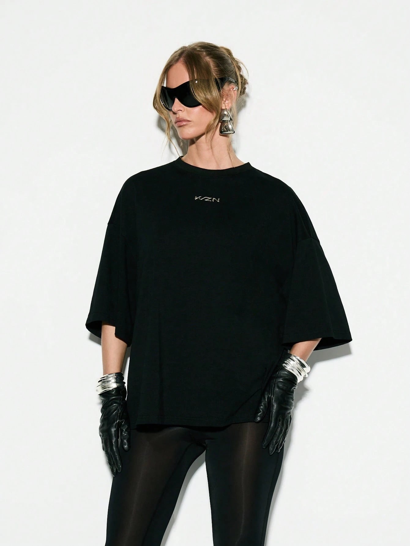 Oversized Logo Printed Metallic Detail Top