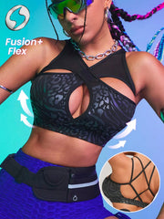 Faux Leather & Metallic Shine Foil Print Sports Bra 