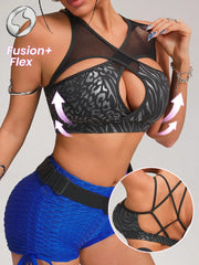 Faux Leather & Metallic Shine Foil Print Sports Bra 