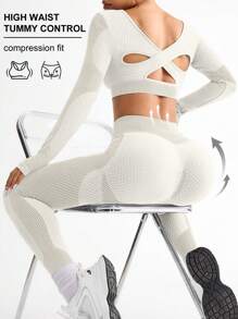 Contrast Color Splice Cropped Top And Leggings Sports Set