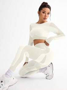 Contrast Color Splice Cropped Top And Leggings Sports Set