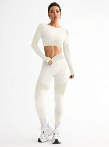 Contrast Color Splice Cropped Top And Leggings Sports Set