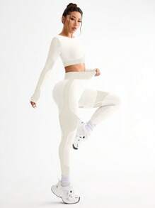 Contrast Color Splice Cropped Top And Leggings Sports Set