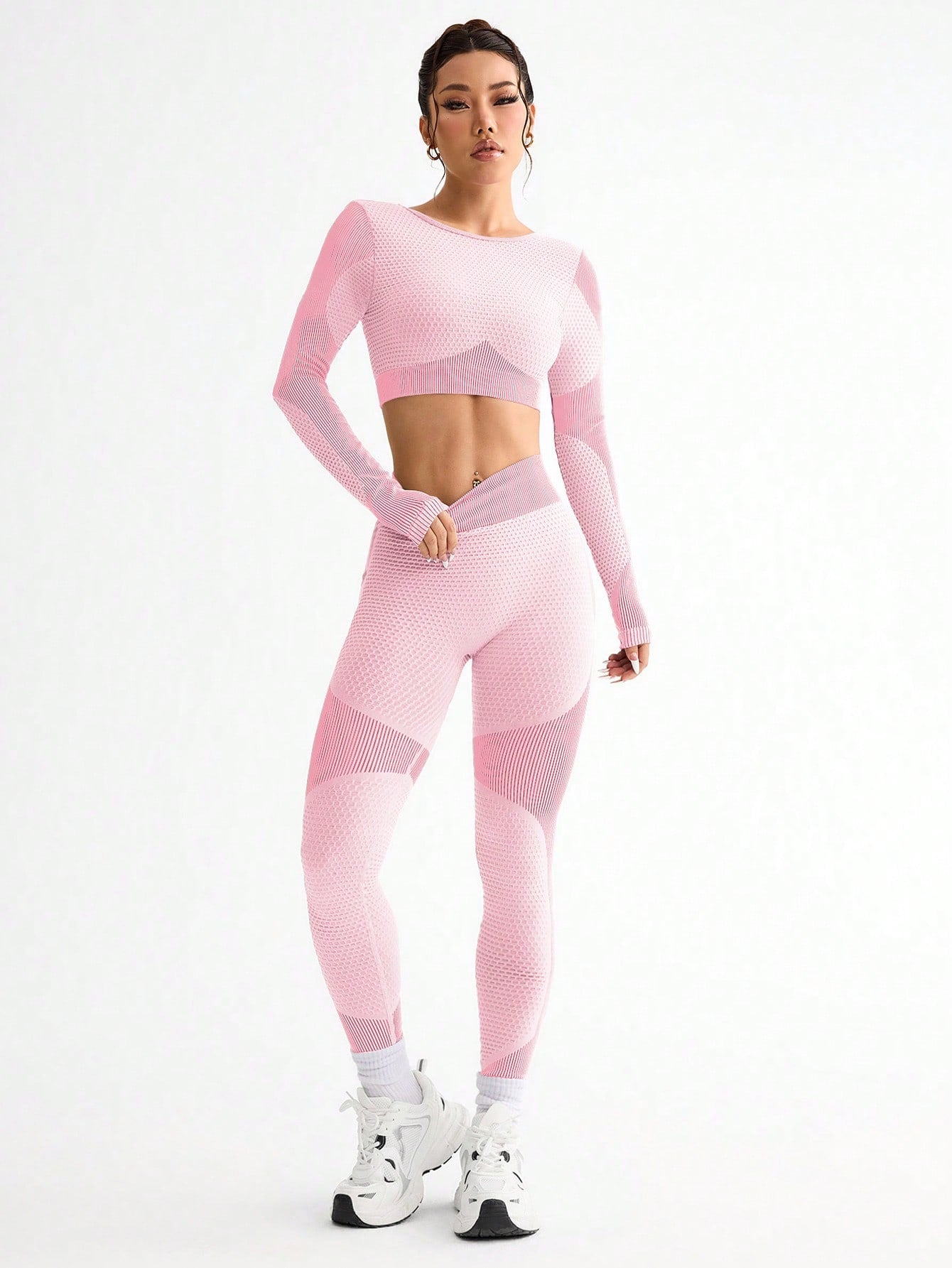 Contrast Color Splice Cropped Top And Leggings Sports Set