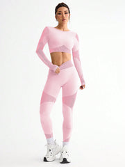 Contrast Color Splice Cropped Top And Leggings Sports Set