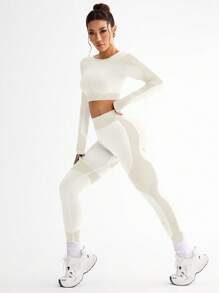 Contrast Color Splice Cropped Top And Leggings Sports Set