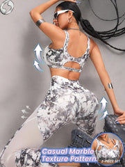 Faux Leather & Metallic Shine Foil Marbling Print Sports Bra & Leggings Set