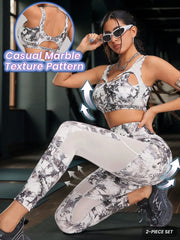 Faux Leather & Metallic Shine Foil Marbling Print Sports Bra & Leggings Set