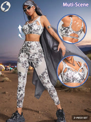 Faux Leather & Metallic Shine Foil Marbling Print Sports Bra & Leggings Set