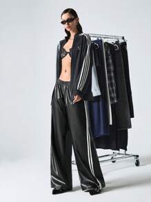 Contrast Color Striped Tape Pu Sports Pants
