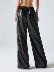 Contrast Color Striped Tape Pu Sports Pants
