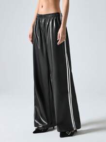 Contrast Color Striped Tape Pu Sports Pants