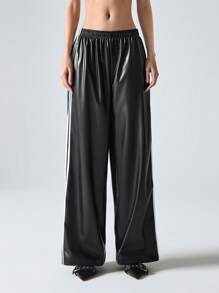 Contrast Color Striped Tape Pu Sports Pants