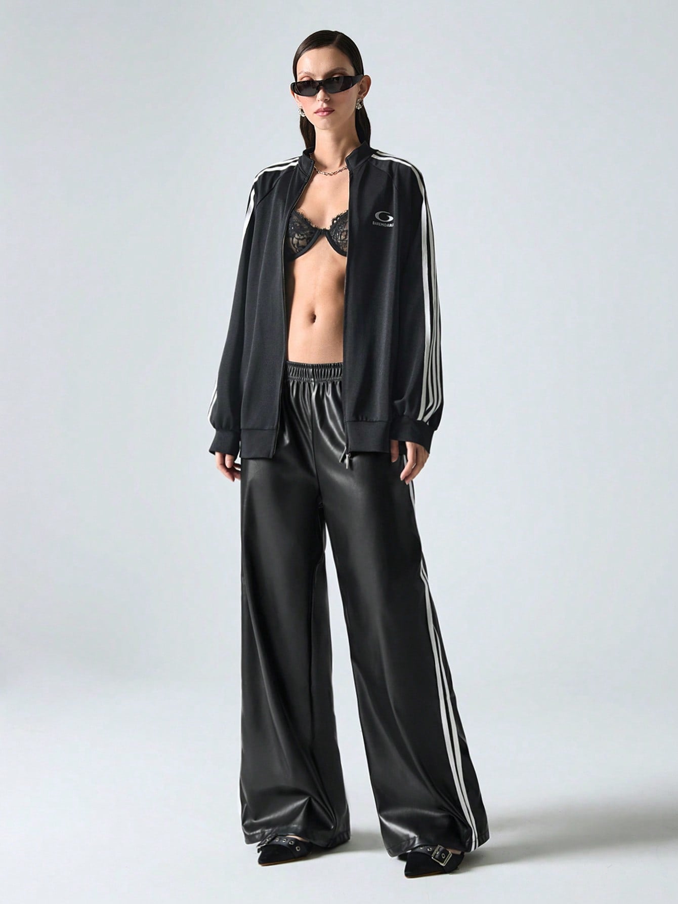 Contrast Color Striped Tape Pu Sports Pants