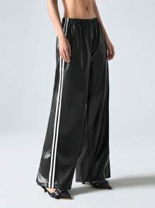 Contrast Color Striped Tape Pu Sports Pants