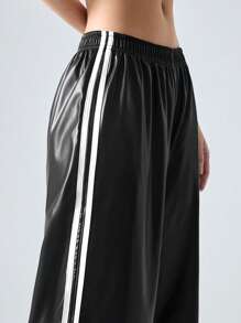 Contrast Color Striped Tape Pu Sports Pants