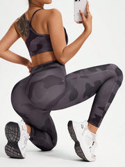 Camo Print Cropped Camisole Top And Solid Cropped Leggings Activewear Set