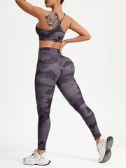Camo Print Cropped Camisole Top And Solid Cropped Leggings Activewear Set