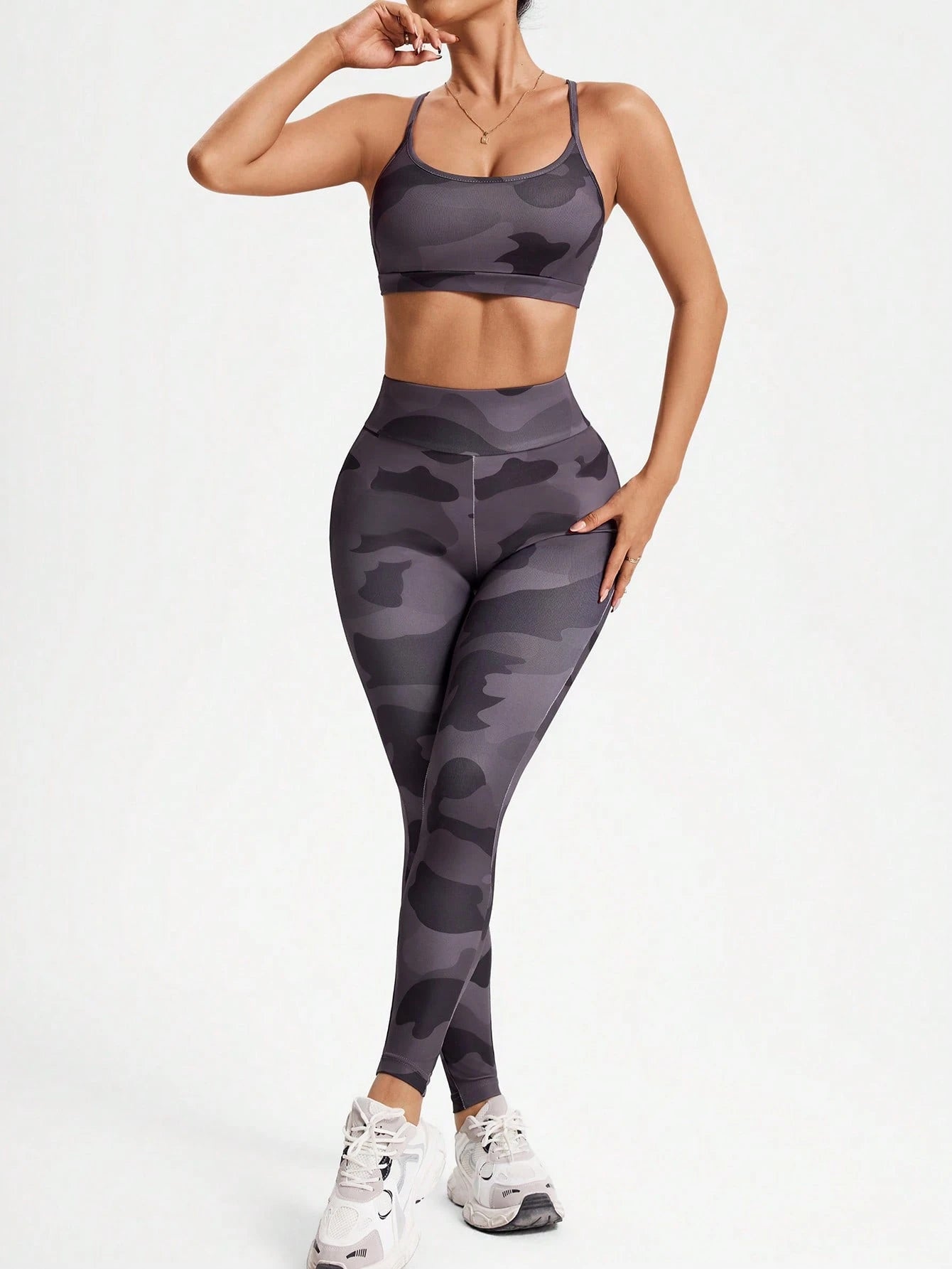 Camo Print Cropped Camisole Top And Solid Cropped Leggings Activewear Set