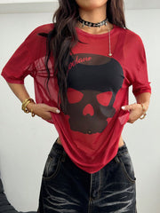 Goth Letter Printed Mesh Black And Red Top