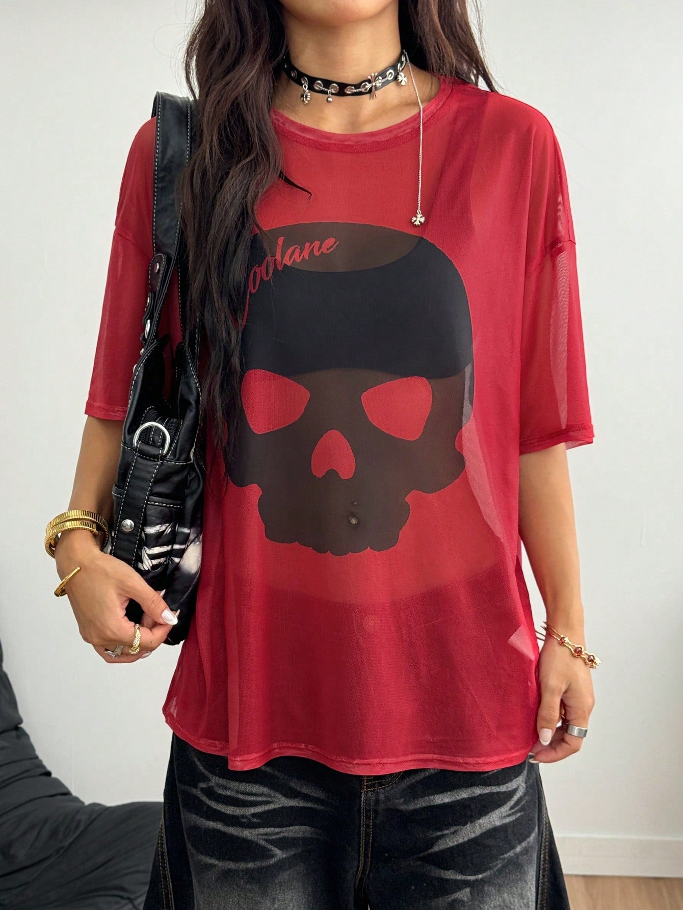 Goth Letter Printed Mesh Black And Red Top
