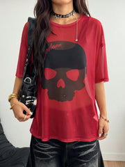 Goth Letter Printed Mesh Black And Red Top