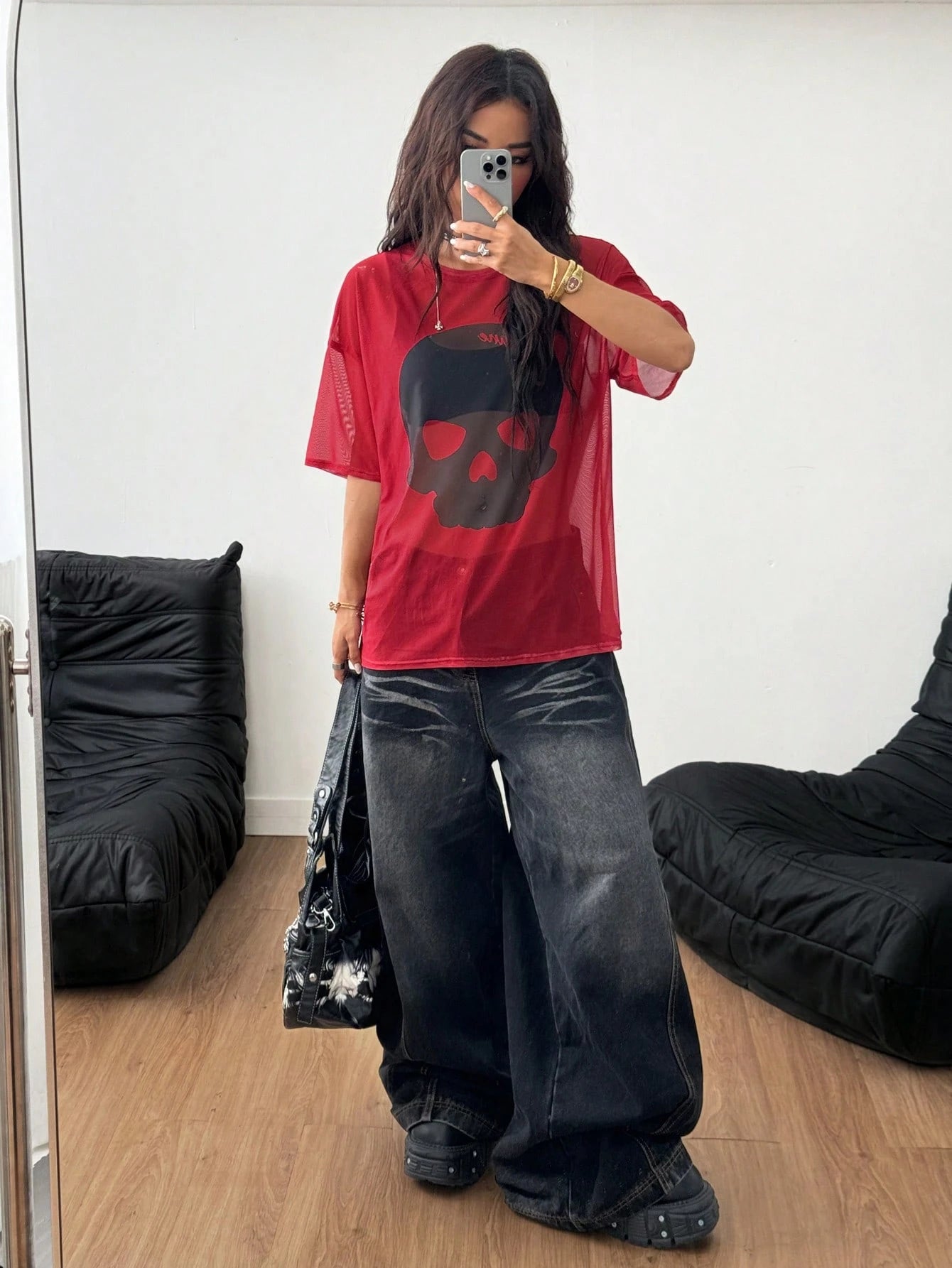 Goth Letter Printed Mesh Black And Red Top