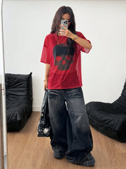 Goth Letter Printed Mesh Black And Red Top