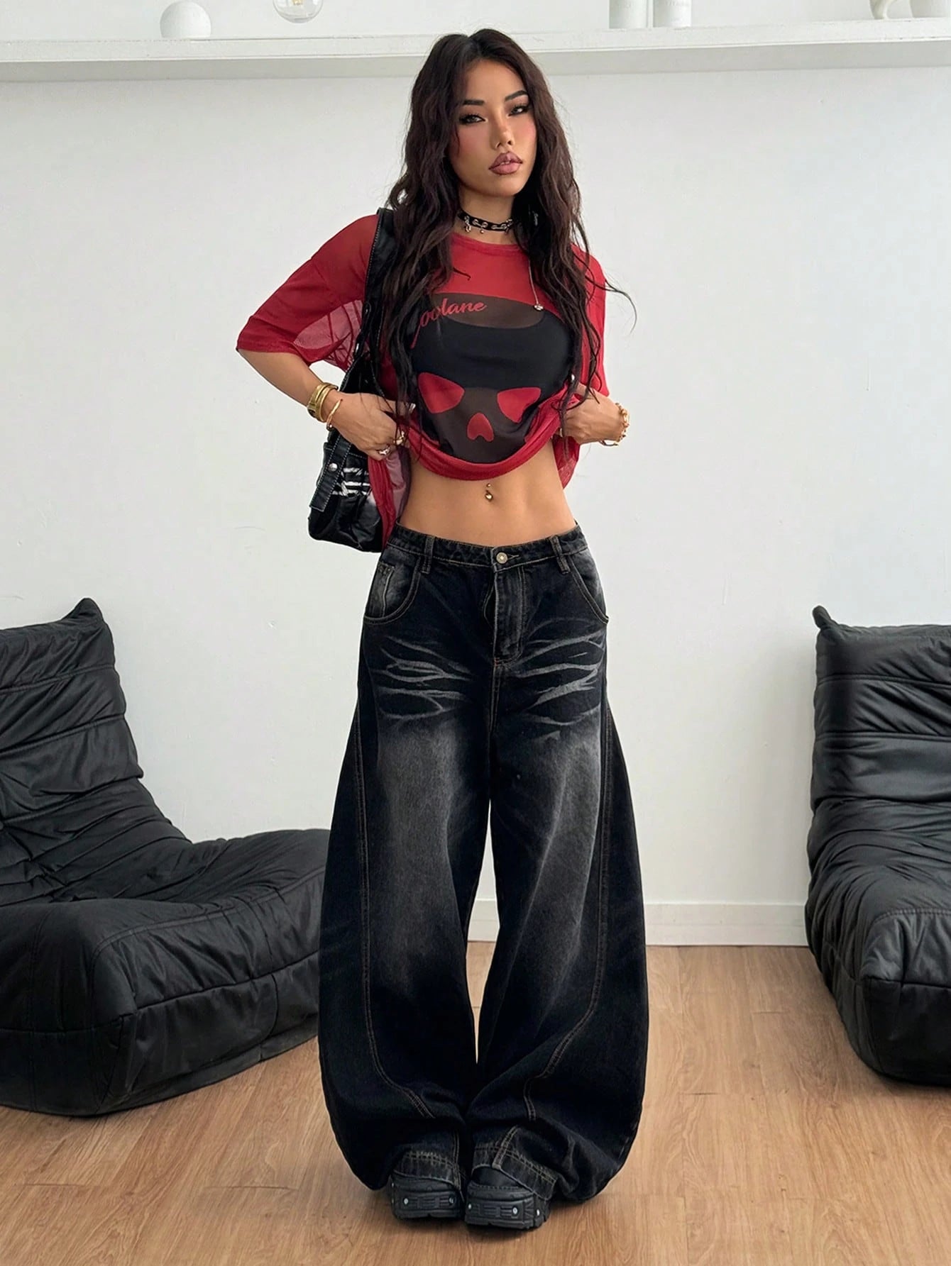 Goth Letter Printed Mesh Black And Red Top