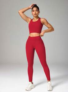 Solid Color Camisole And Leggings Seamless Activewear Set