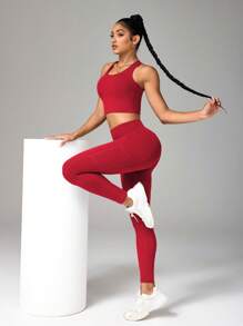Solid Color Camisole And Leggings Seamless Activewear Set