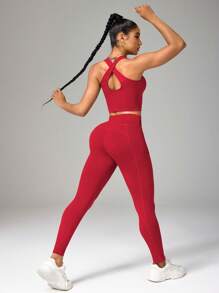 Solid Color Camisole And Leggings Seamless Activewear Set