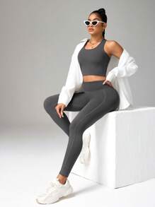 Solid Color Camisole And Leggings Seamless Activewear Set