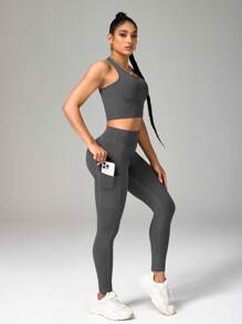 Solid Color Camisole And Leggings Seamless Activewear Set