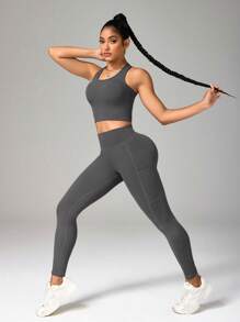 Solid Color Camisole And Leggings Seamless Activewear Set