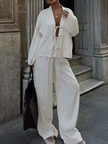 Long Sleeve Tie Front Shirt And Pant Set