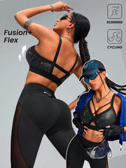 Faux Leather & Metallic Shine Padded Sports Bra