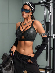 Faux Leather & Metallic Shine Padded Sports Bra