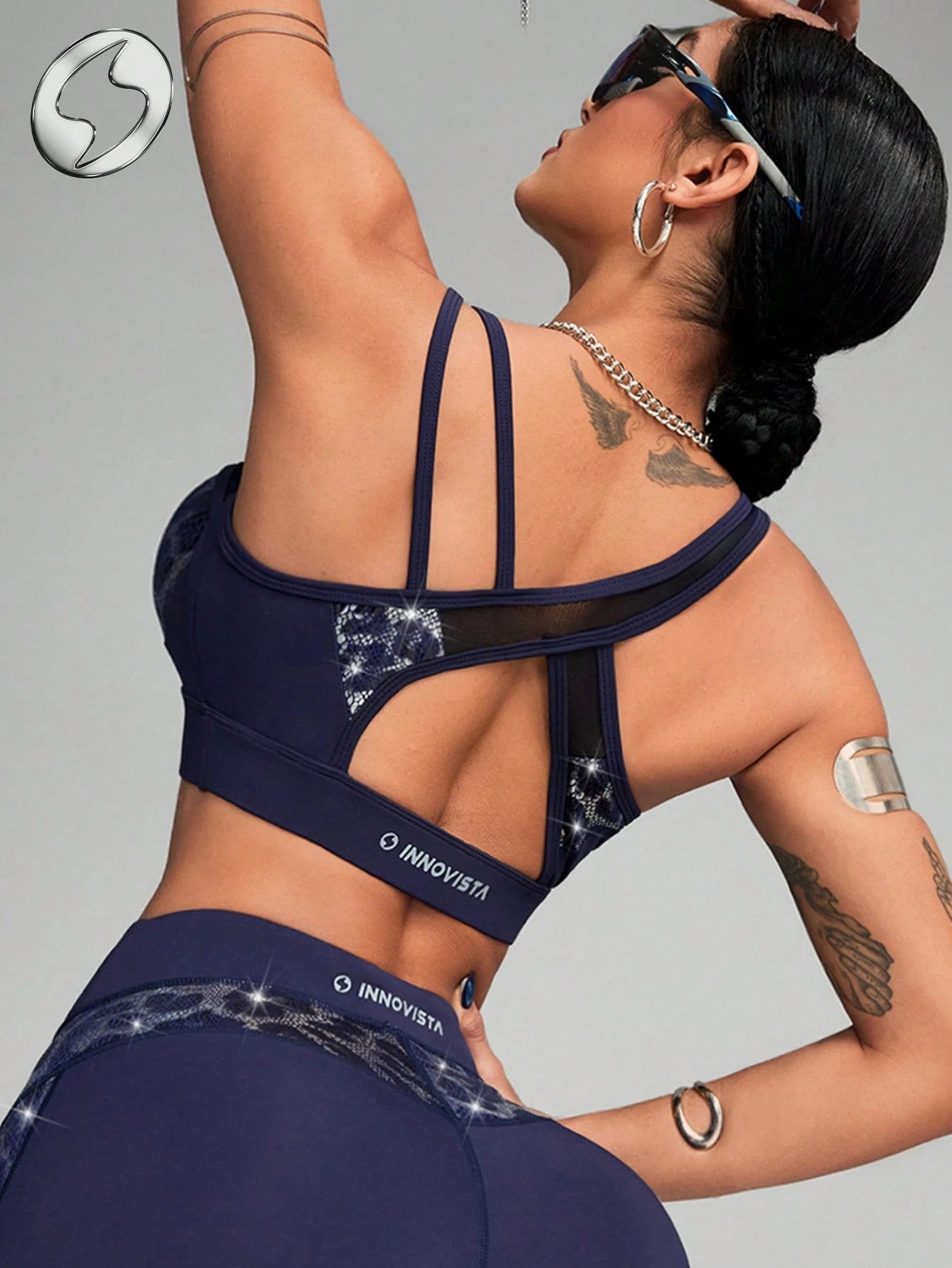 Faux Leather & Metallic Shine Padded Foil Print Sports Bra