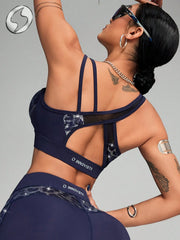 Faux Leather & Metallic Shine Padded Foil Print Sports Bra