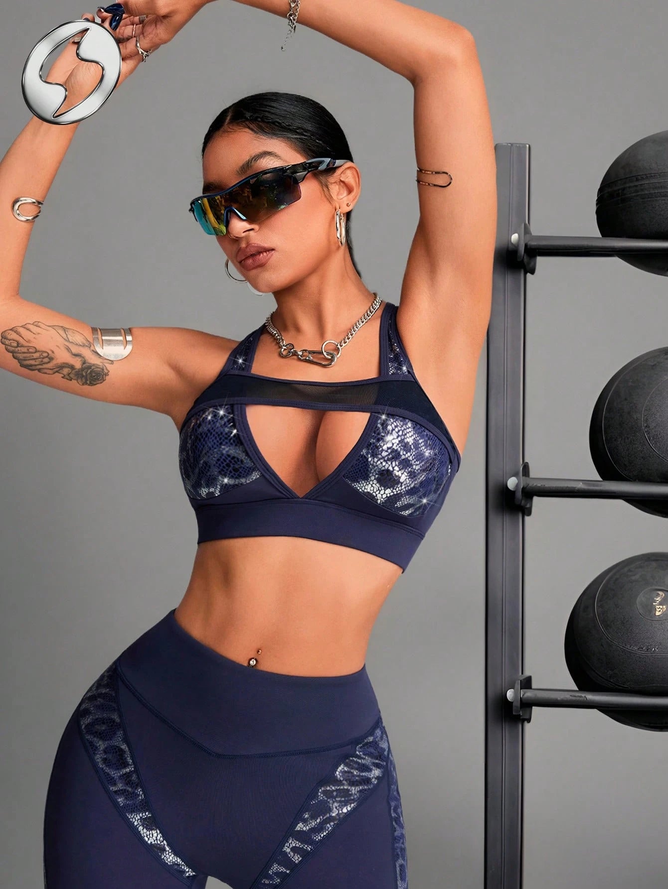 Faux Leather & Metallic Shine Padded Foil Print Sports Bra