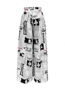 Random Print High Waisted Long Pants