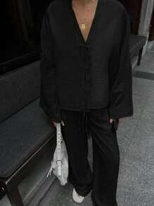 Long Sleeve Tie Front Shirt And Pant Set