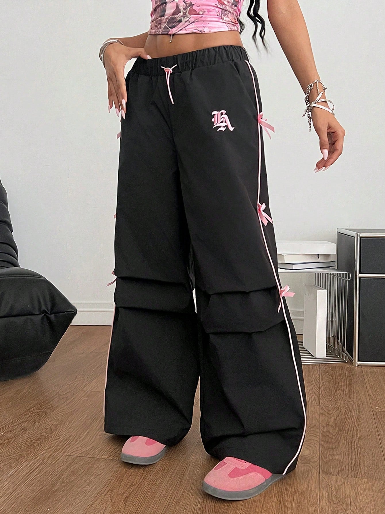 Color Block Drawstring Waist Embroidered Logo Pants