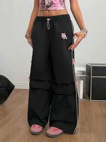 Color Block Drawstring Waist Embroidered Logo Pants