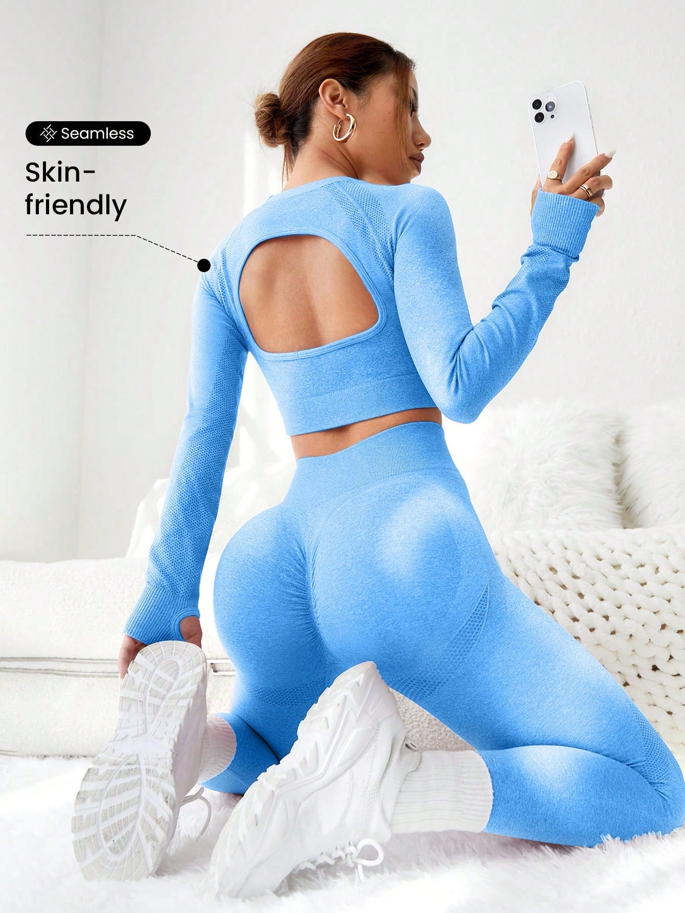 Seamless Cut Out Back Thumb Holes Crop Tee Yoga Set